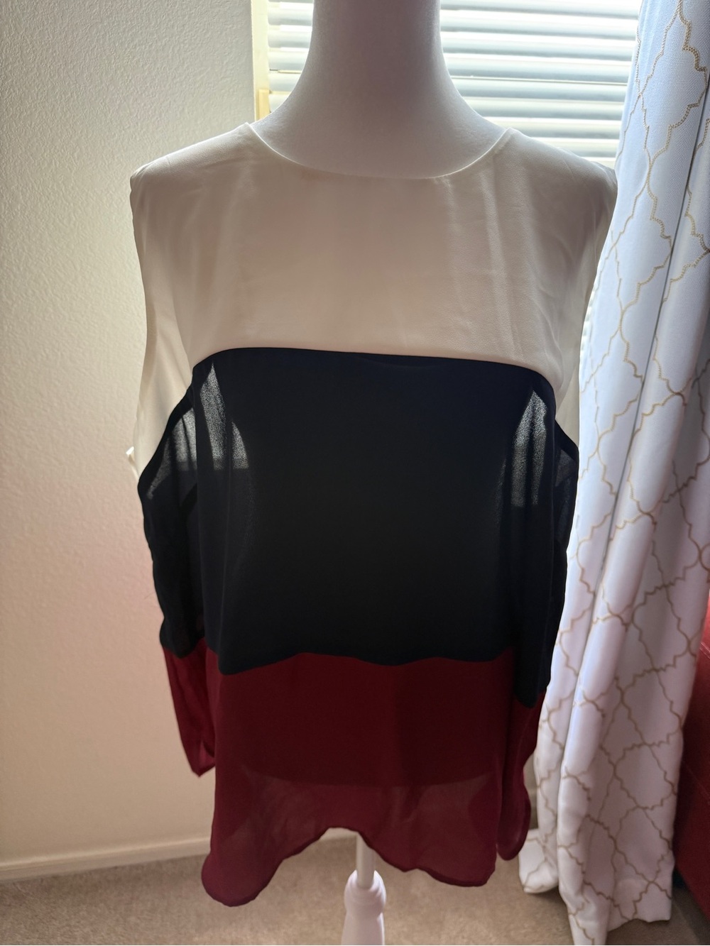 Faith and Joy Colorblock Sleeveless Blouse in White, Black & Burgundy